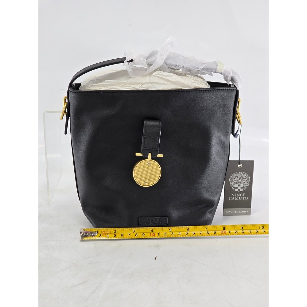 Vince Camuto Ezrah Bucket Bag Women OS Black Leather Gold Crest - NEW - Picture 5 of 11